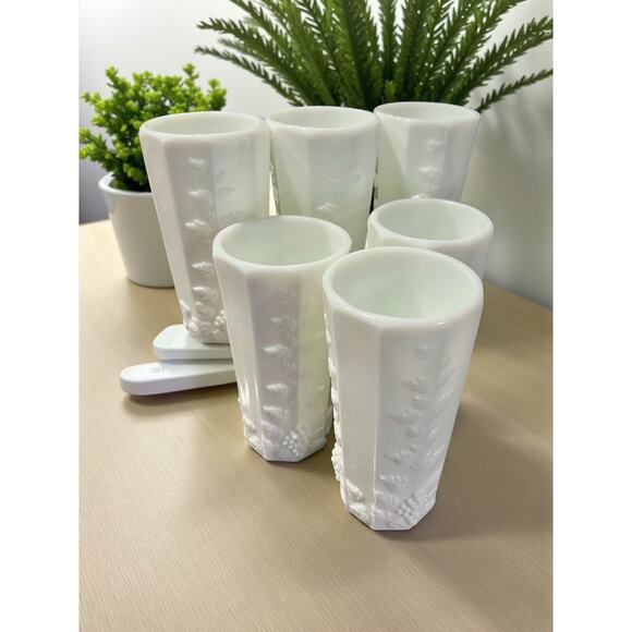 Westmorland Paneled Grape Milk Glass Tumblers-Set of 6-Vintage White Cups-Retro - Picture 1 of 7